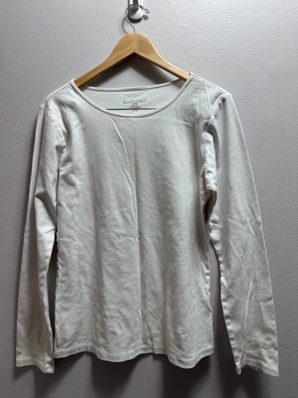 Ellen Tracy Basic Plain White Long Sleeve Top Cotton Blend Size M